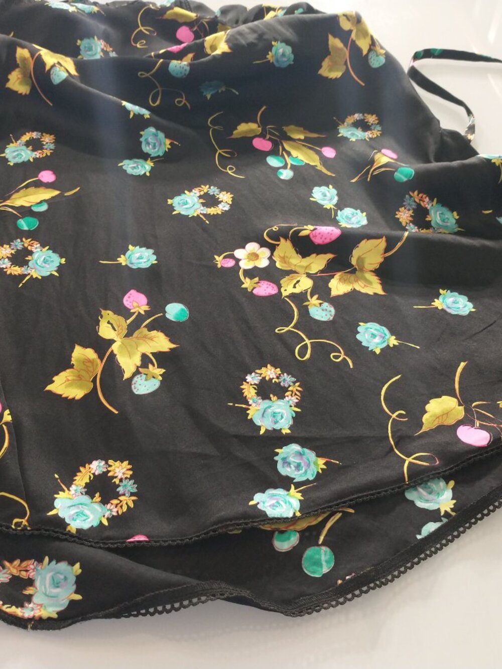 VTG 90s Betsey Johnson Black Silk Cherry Strawberry Floral Fruit Slip Midi Dress - Picture 10 of 16